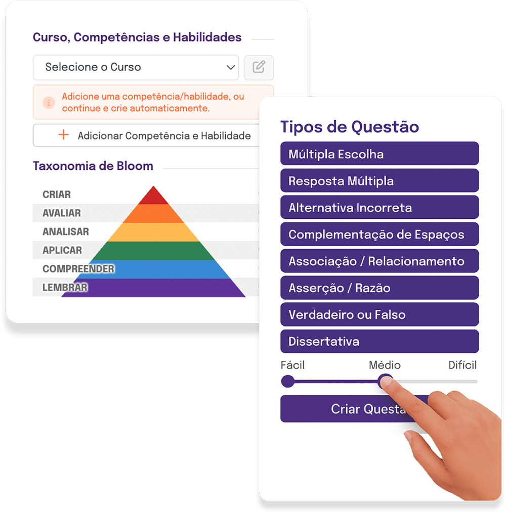 Seleção de curso, competências, taxonomia de Bloom e tipos de questão na plataforma